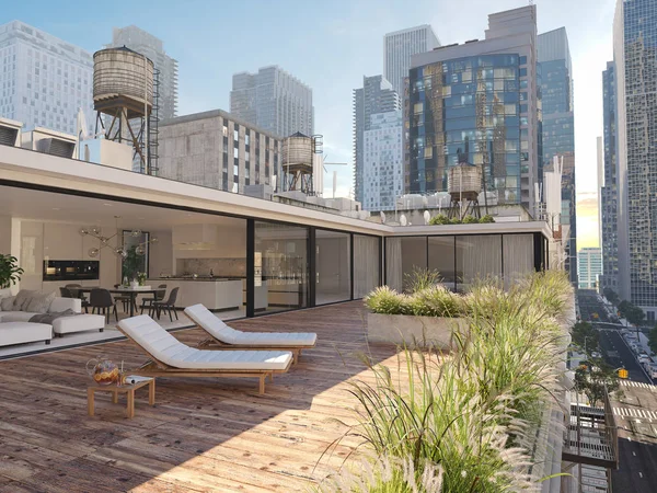 Ático terraza en una gran ciudad. renderizado 3d — Foto de Stock