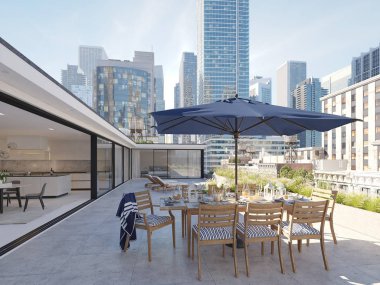 çatı Teras büyük bir şehirde. 3D render