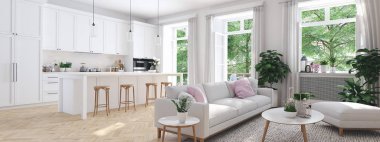 Modern oturma odası townhouse içinde. 3D render