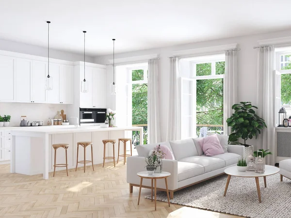 Moderní obývací pokoj v městském domě. 3D vykreslování — Stock fotografie