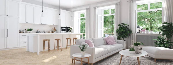 Modernes Wohnzimmer im Stadthaus. 3D-Darstellung — Stockfoto