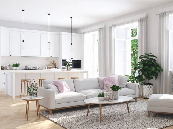 Moderna vardagsrum i radhus. 3D-rendering — Stockfoto