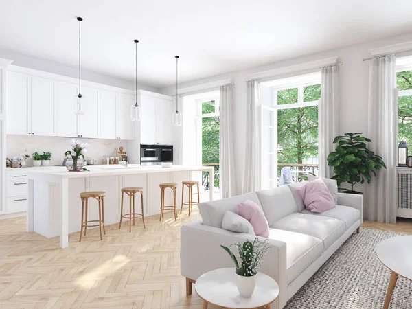 Moderna vardagsrum i radhus. 3D-rendering — Stockfoto