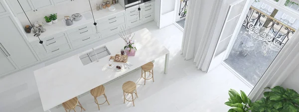 Vista dall'alto moderna cucina nordica in appartamento soppalco. Rendering 3D — Foto Stock