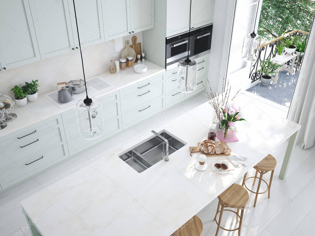 top view modern nordic kitchen in loft apartment. 3D rendering
