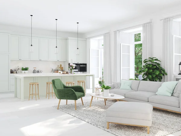 Moderna vardagsrum i radhus. 3D-rendering — Stockfoto