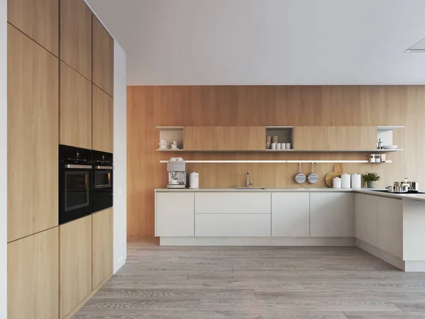 Moderní nordic kuchyně v podkrovním bytě. 3D vykreslování — Stock fotografie