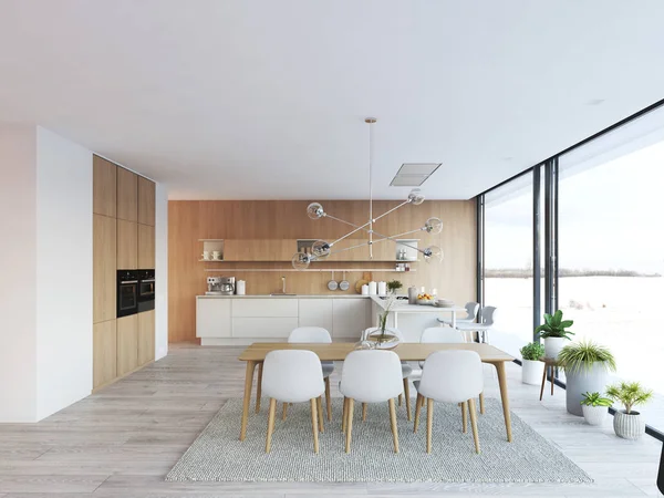 Moderna cucina nordica in loft. Rendering 3D — Foto Stock