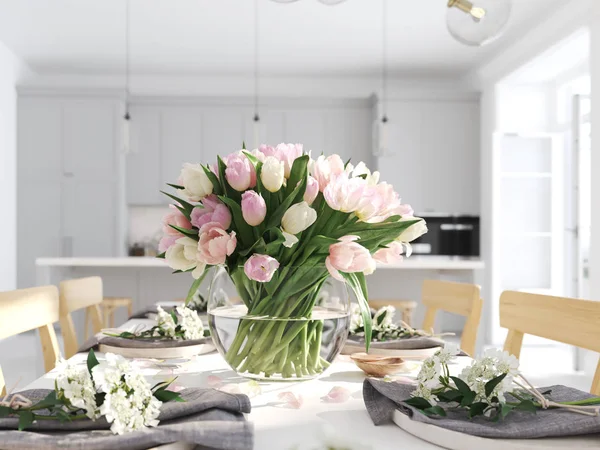 Tulpenstrauß in einer Wohnung im nordischen Stil. 3D-Darstellung — Stockfoto