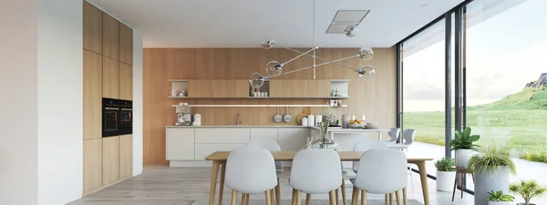 Cuisine nordique moderne dans appartement loft. rendu 3D — Photo