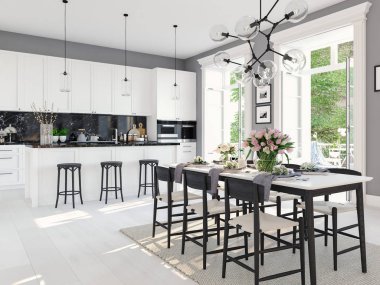 Çatı katındaki modern İskandinav mutfağı. 3B görüntüleme