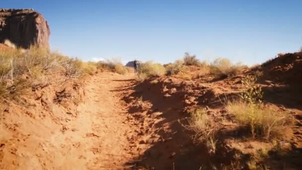 Donna che cammina nella Monument Valley con rocce rosse panoramica . — Video Stock