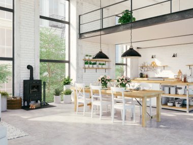 Modern loft daire. 3D render