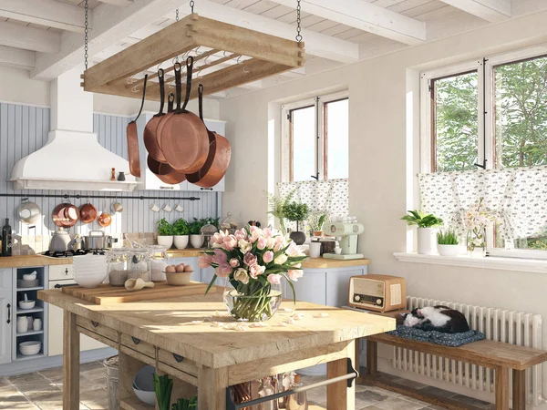 Cucina retrò in un cottage con gatto che dorme. RENDERING 3D — Foto Stock