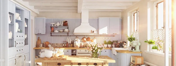 Cocina retro en una casa de campo con destellos de sol. RENDERACIÓN 3D — Foto de Stock