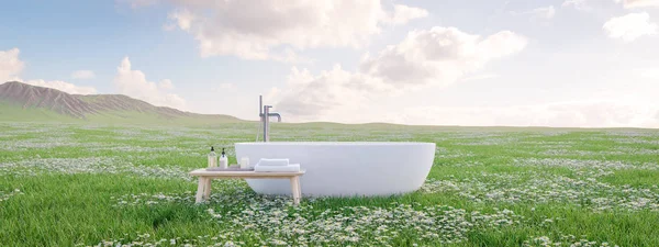 Ванна стоит на красивом лугу. 3d-рендеринг — стоковое фото