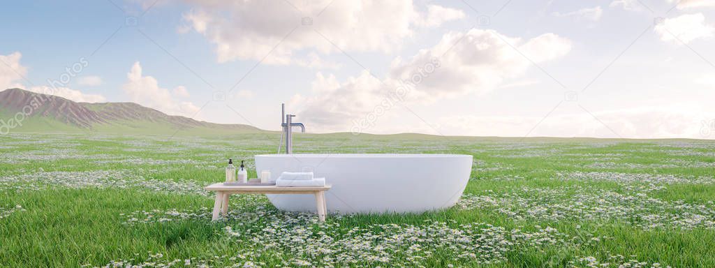 bathtube standing on beautiful meadow. 3d rendering