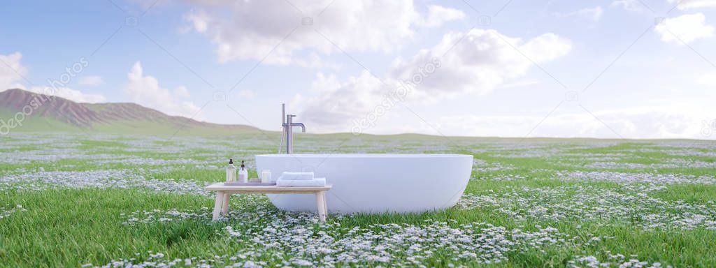 bathtube standing on beautiful meadow. 3d rendering
