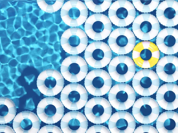 Anillo de flotador amarillo único entre los anillos de flotador azul en la piscina. renderizado 3d — Foto de Stock