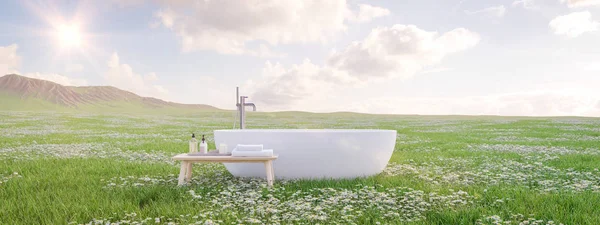 Badewanne, die auf einer schönen Wiese steht. 3D-Darstellung — Stockfoto