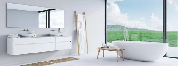 Nieuwe moderne badkamer met een mooi uitzicht. 3D-rendering — Stockfoto