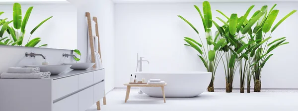 Nieuwe moderne zen badkamer met tropische planten. 3D-rendering — Stockfoto