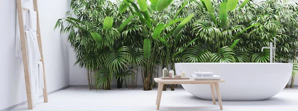 Nowa nowoczesna łazienka zen z jaja w tropikach rośliny. renderowania 3D — Zdjęcie stockowe