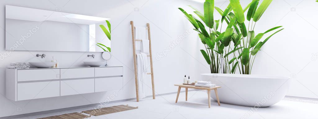 new modern zen bathroom with tropic plants. 3d rendering