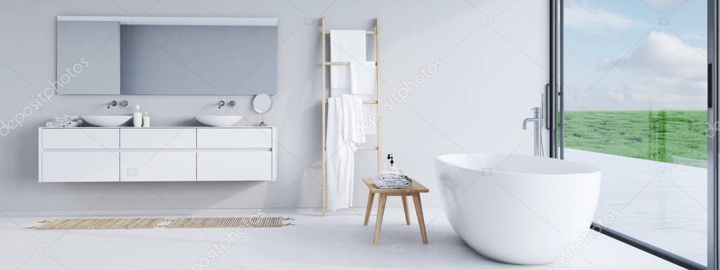 new modern bathroom with a nice view. 3d rendering