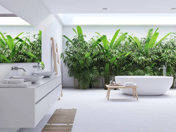 Новая современная ванная комната с тропическими растениями. 3d-рендеринг — стоковое фото