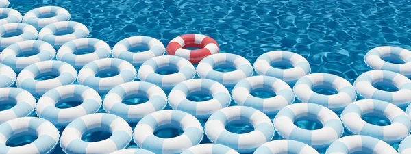 Anillo de flotador rojo único entre los anillos de flotador azul en la piscina. renderizado 3d — Foto de Stock