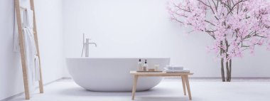 new modern zen bathroom with white wall. 3d rendering
