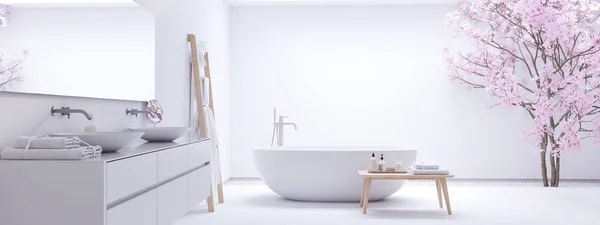 Nieuwe moderne zen badkamer met witte muur. 3D-rendering — Stockfoto