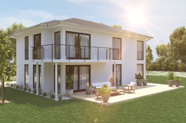 büyük özelliği ile modern yeni ev. 3D render