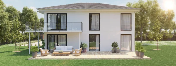 Nuova casa moderna con grande proprietà. Rendering 3D — Foto Stock