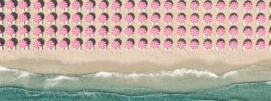 aerial top view on the beach with lots of beach umbrella. 3D rendering clipart
