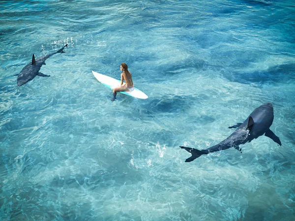 Surfista rodeado de dois tubarões. Vista para drones. Renderização 3d — Fotografia de Stock