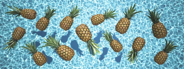 pineapples swimming in a blue pool. 3d rendering