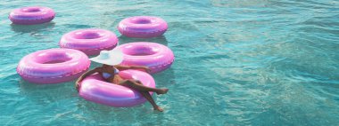 float bir havuzda yüzme kadın. 3D render