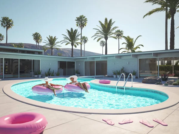 Frauen schwimmen schwimmend in einem Pool. 3D-Darstellung — Stockfoto