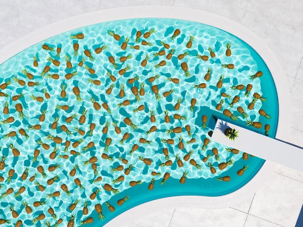 Ananas che nuotano in una piscina blu. rendering 3d — Foto Stock