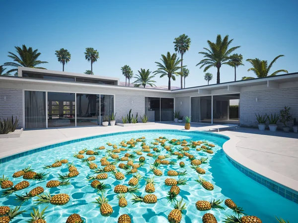 Ananas in een blauwe zwembad zwemmen. 3D-rendering — Stockfoto