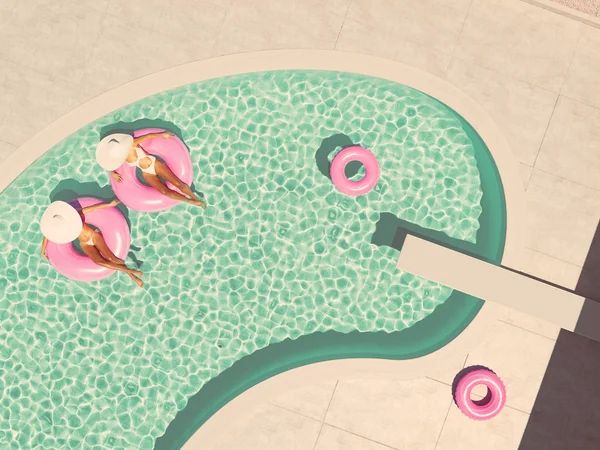 Ženy plavat na plováku v bazénu. 3D vykreslování — Stock fotografie