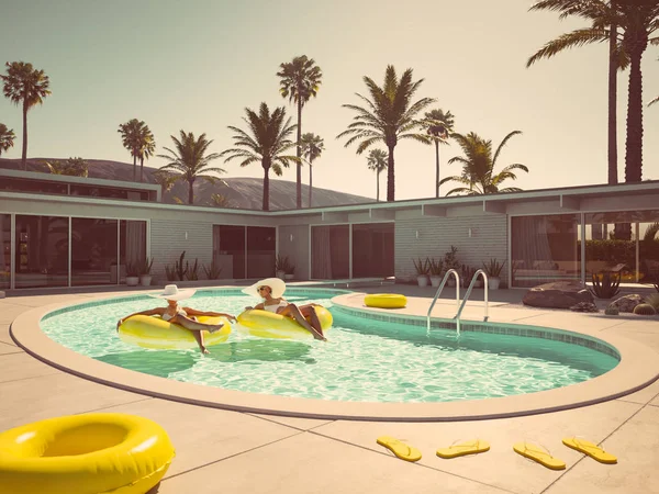 Donne che nuotano sul galleggiante in una piscina. rendering 3d — Foto Stock