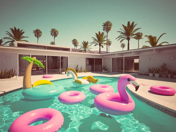 Perilisan 3D. banyak yang berbeda mengapung di kolam renang. gaya retro — Stok Foto
