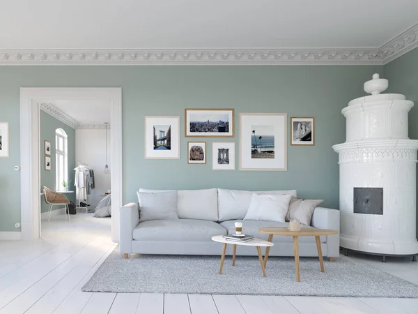3D-Illustration. living room with picture frames. bedroom behind — Stok fotoğraf