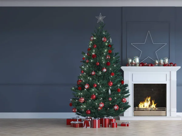 3D-Illustration. Weihnachtsszene mit geschmücktem Baum und Kamin. — Stockfoto