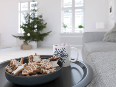3d-Illustration. İskandinav oturma odası Noel süslemeleri ile.