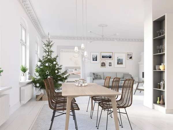 3d-εικονογράφηση. νέα σκανδιναβική κουζίνα με χριστουγεννιάτικη διακόσμηση. — Φωτογραφία Αρχείου