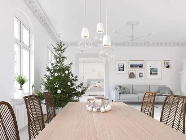 3d-εικονογράφηση. νέο σκανδιναβικό σαλόνι με χριστουγεννιάτικο δέντρο. — Φωτογραφία Αρχείου